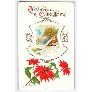Vintage 1916 Joyful Christmas Postcard with Poinsettias & Snowy Cottage